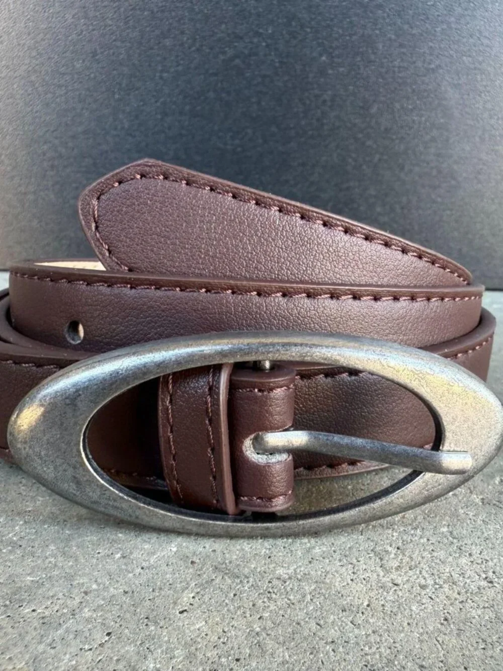 Dark Brown Leather-Look Belt with Single-Prong With Adjustment Holes Buckle